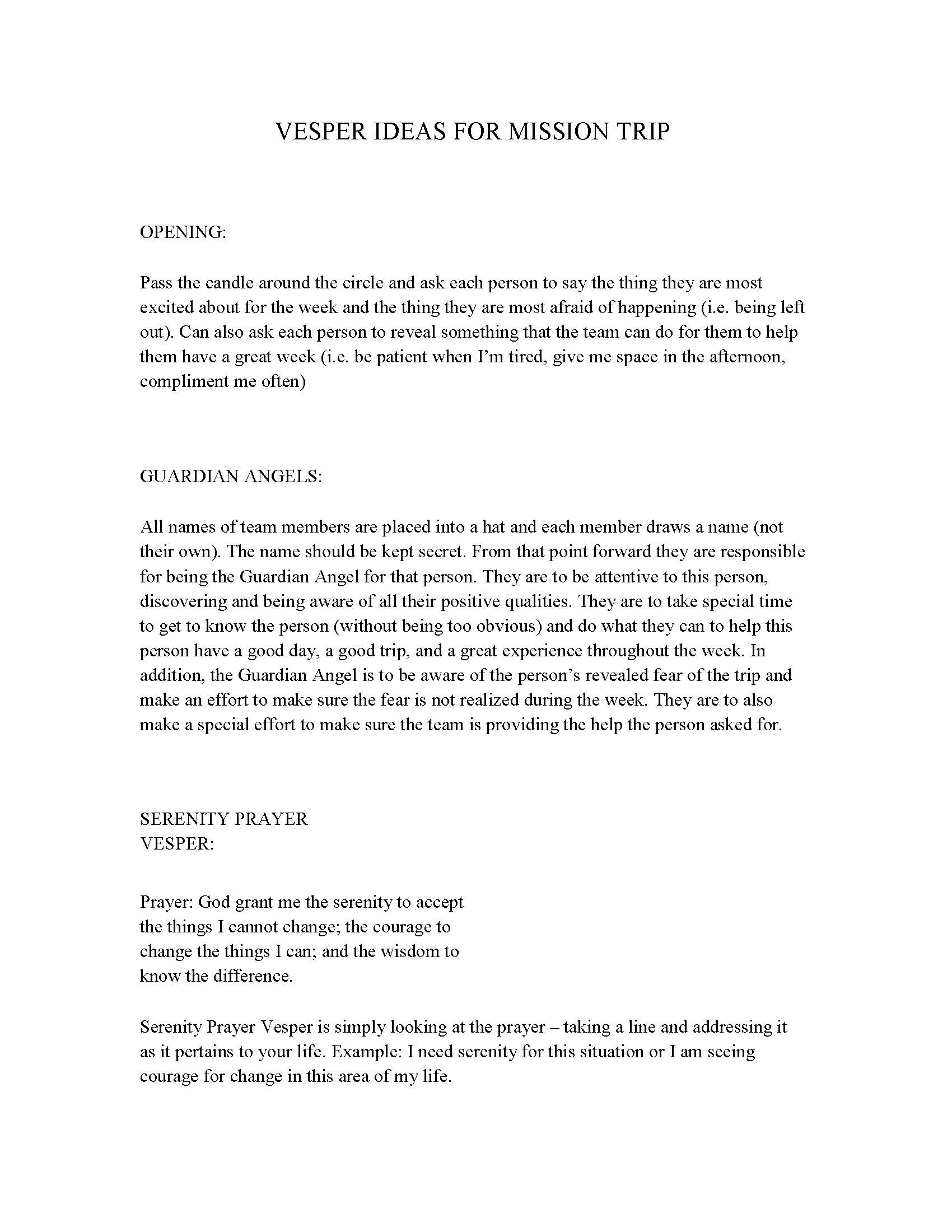 Vesper Ideas — Yale Youth Ministry Institute